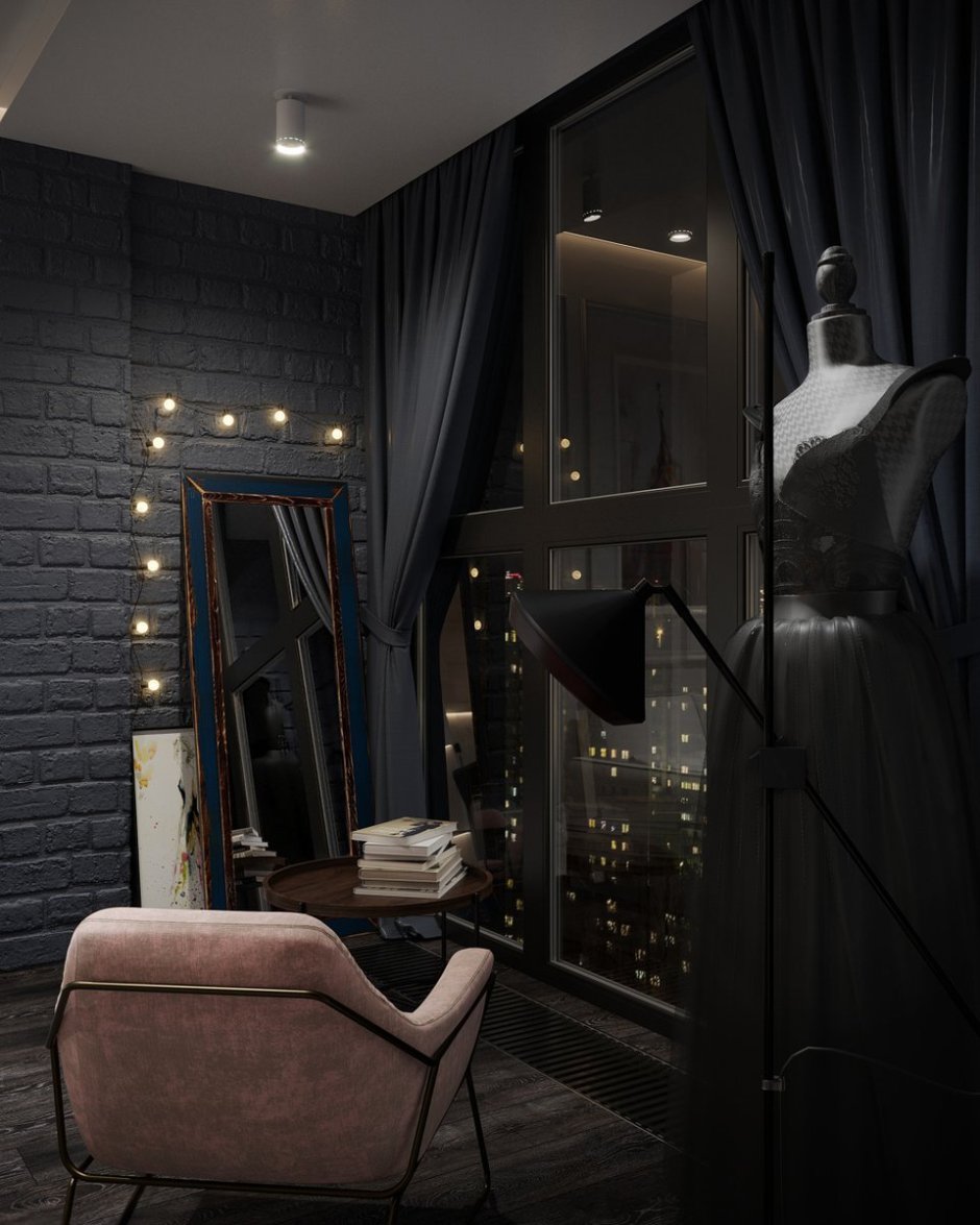 Спальня в темно-синих и пудровых тонах