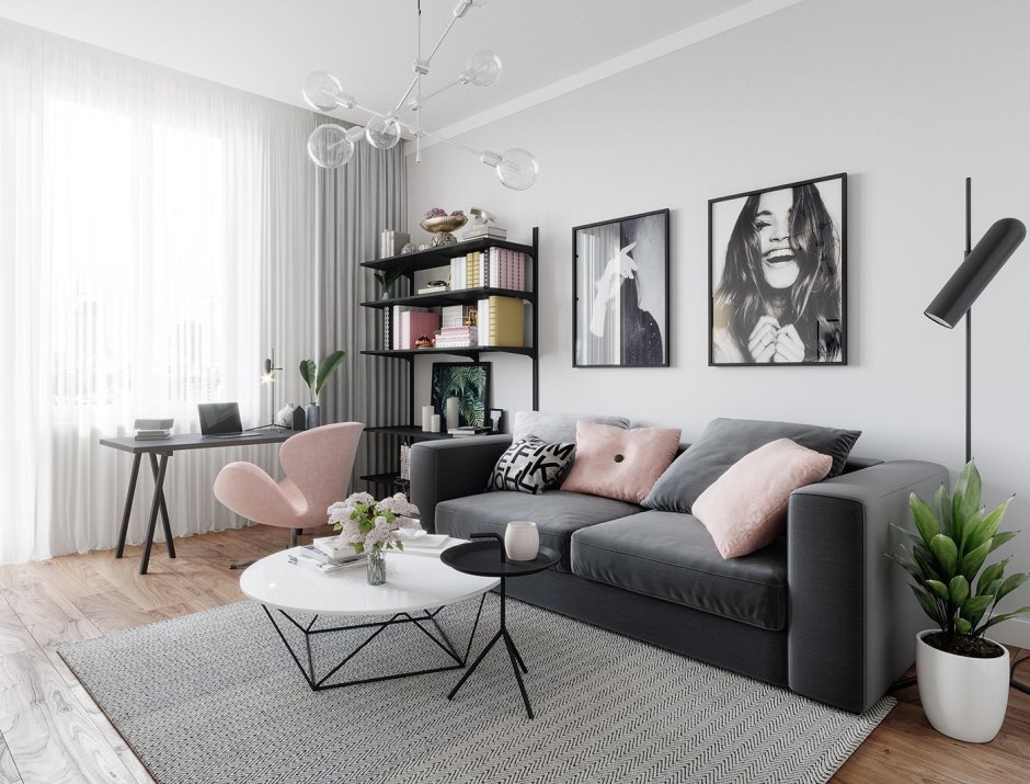 Зонирование комнаты с серым диваном