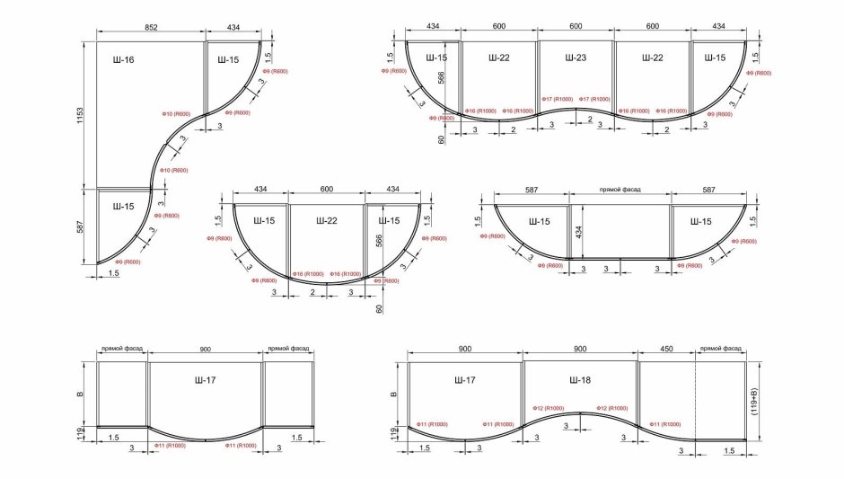 Радиусный фасад кухни к600 чертеж