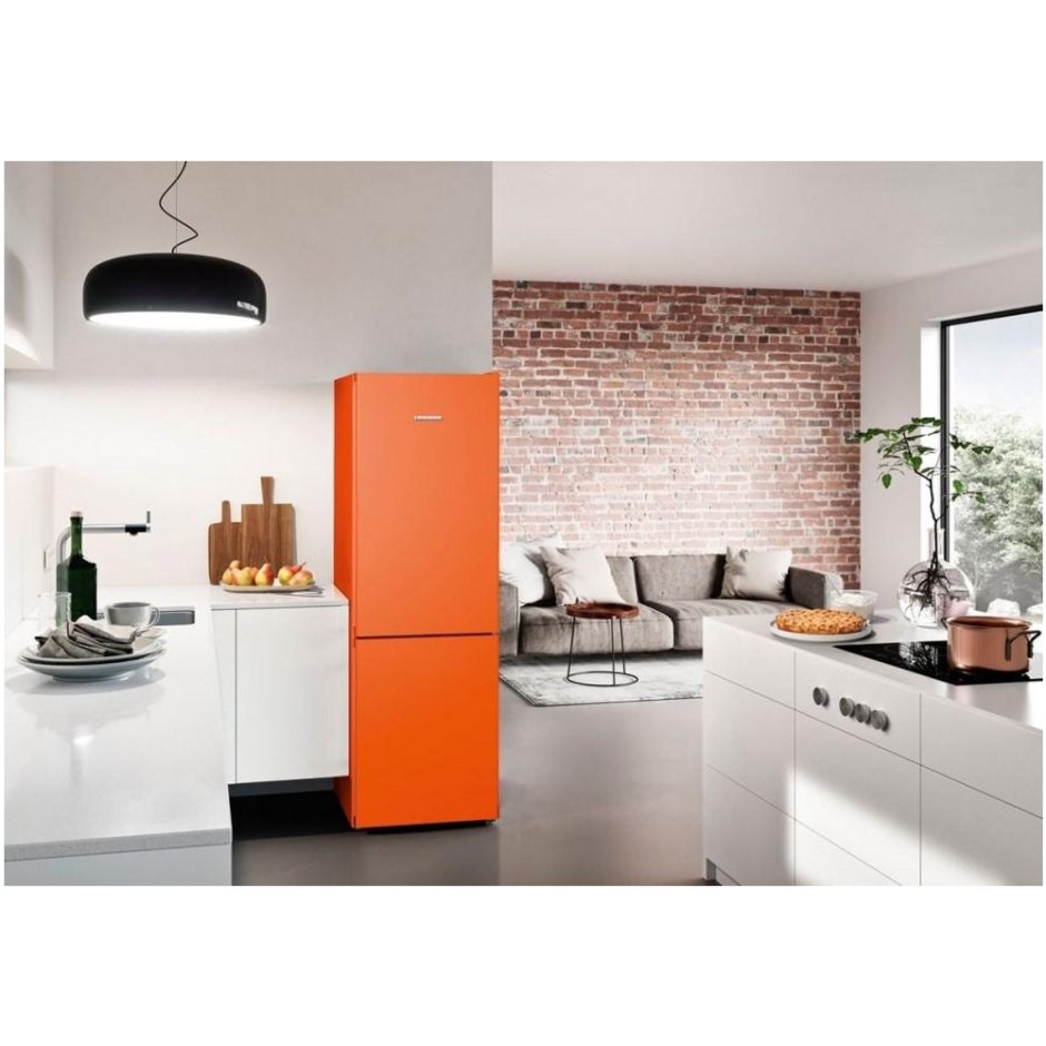 Кухни желтые оранжевый холодильник