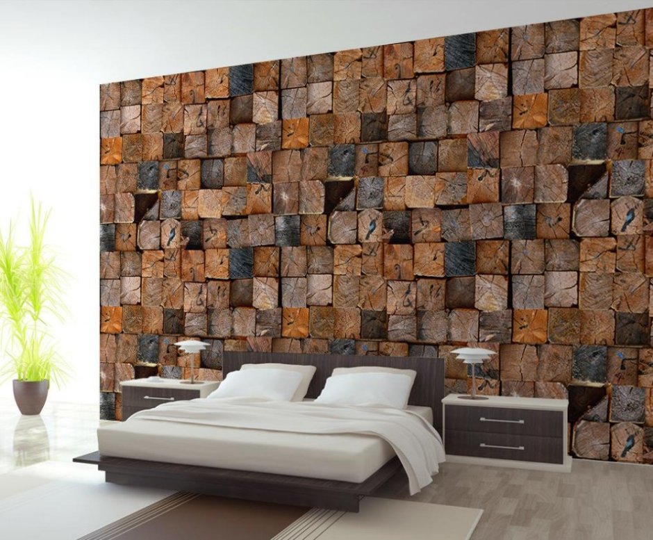 Деревянная мозайка в спальне