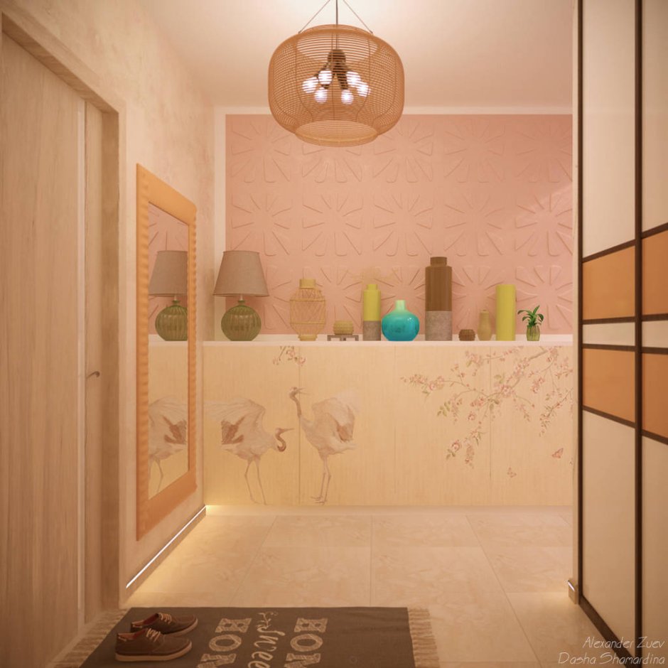Дизайн прихожей в доме в современном стиле персиковая