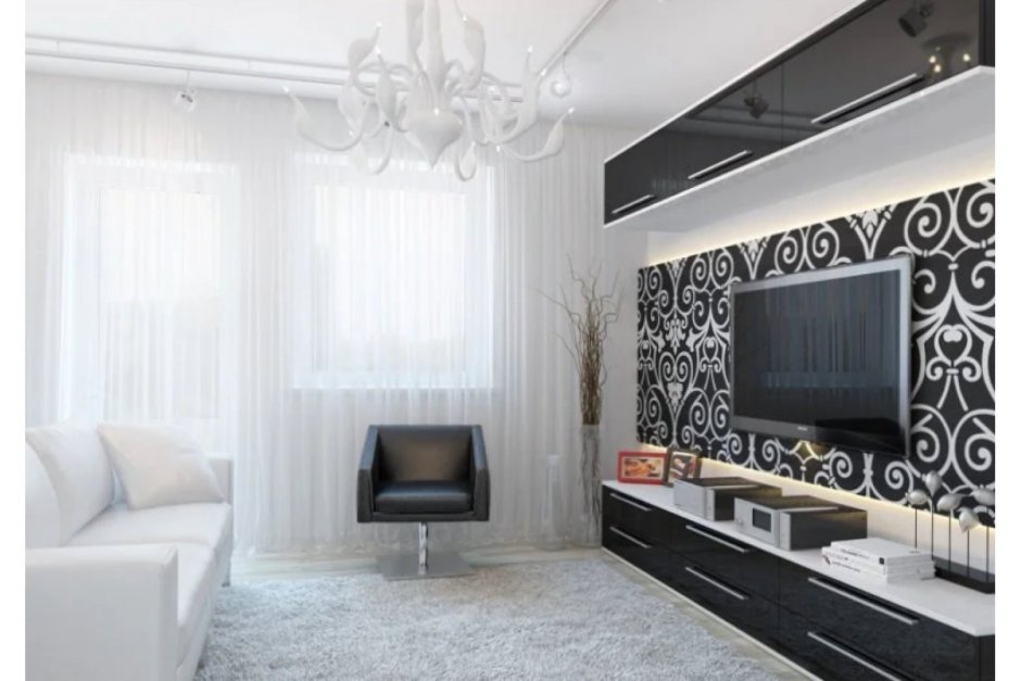 Белая гостиная с черной мебелью