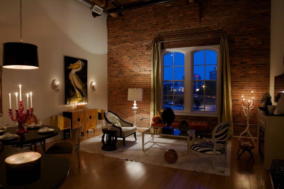 Подсветка кирпичной стены в стиле лофт