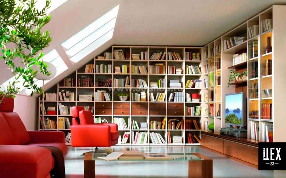 Книжные стеллажи в мансарде