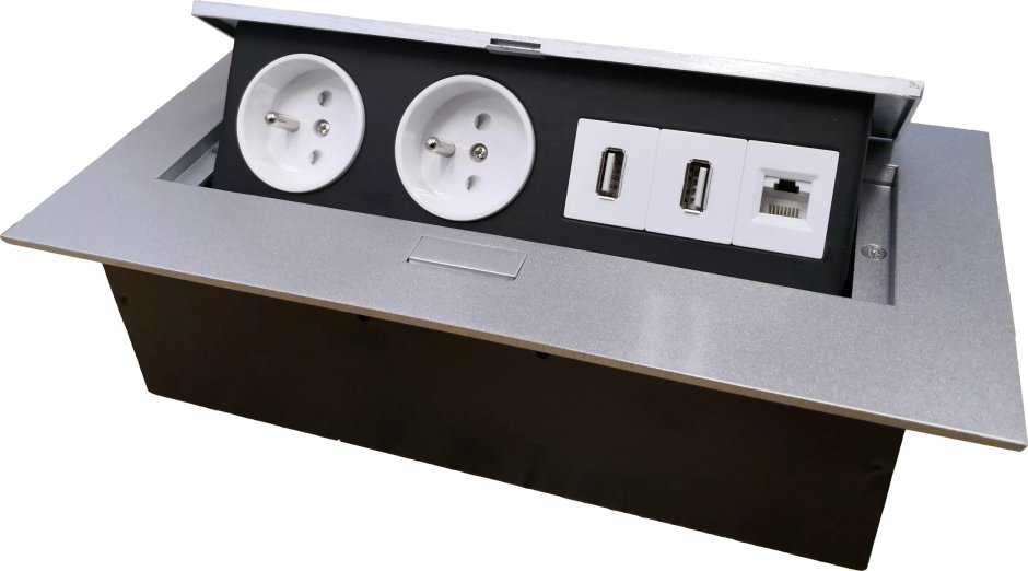 Удлинитель с крышкой 195х100 черный (розеточный блок x2, встраиваемый с USB)