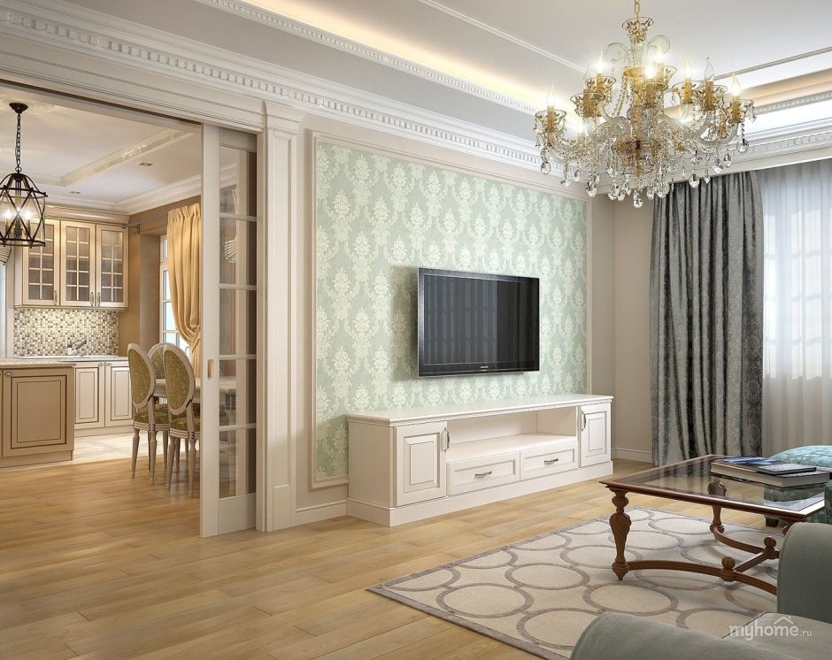 Интерьер в зале 17 кв.м классика, оформление стен