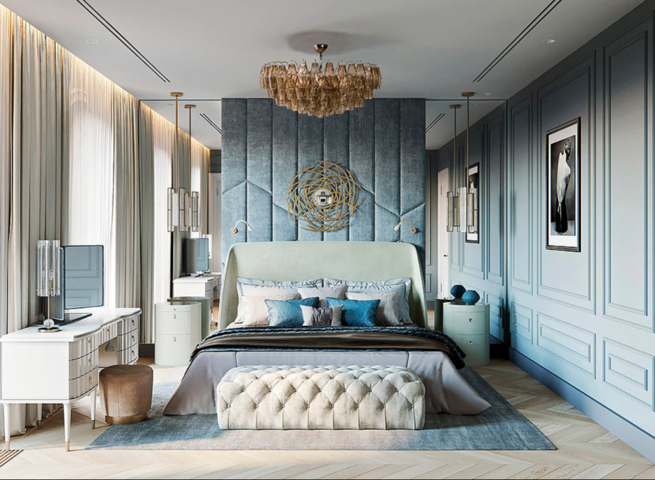 Серо голубая спальня в современном стиле
