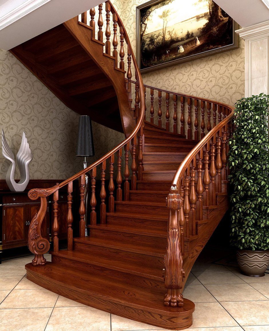 Стеклянная лестница с деревянными ступенями