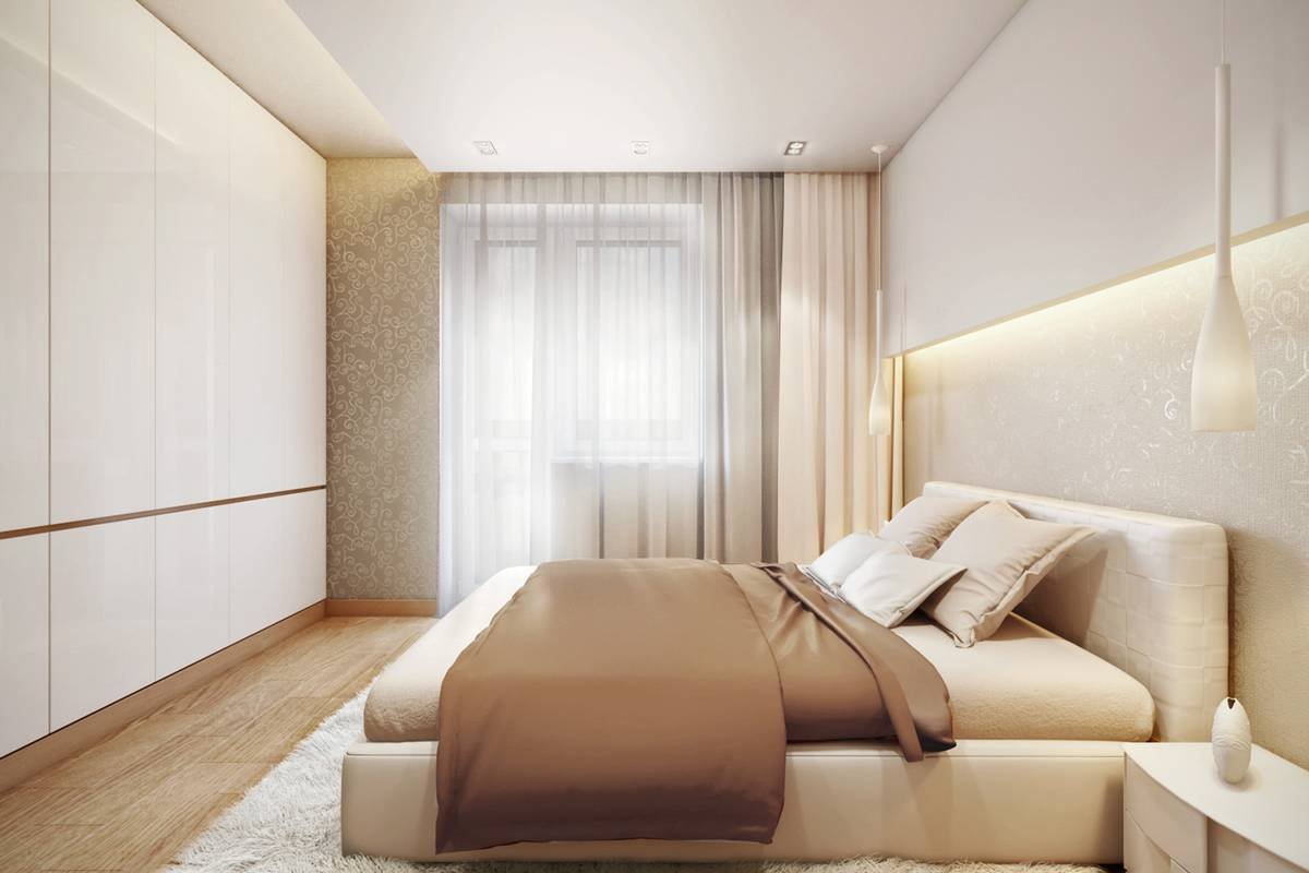прямоугольная спальня дизайн в светлых тонах