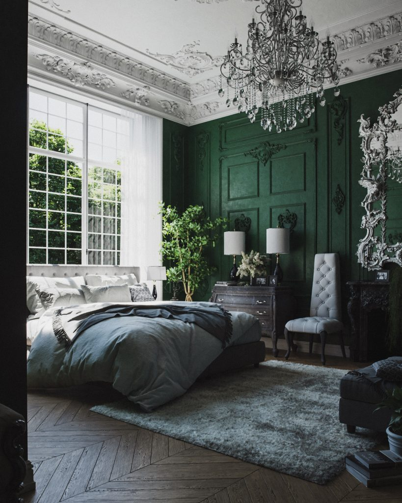 Темно зеленая спальня