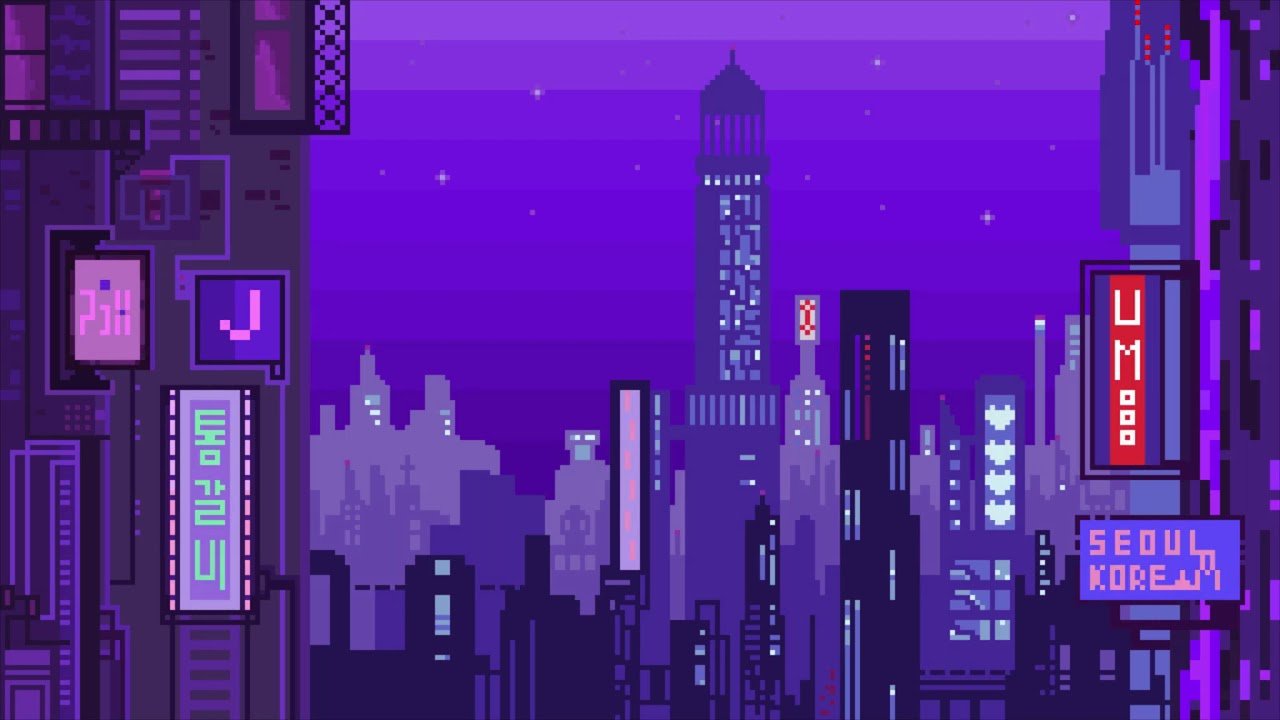 Фиолетовый город в пикселях