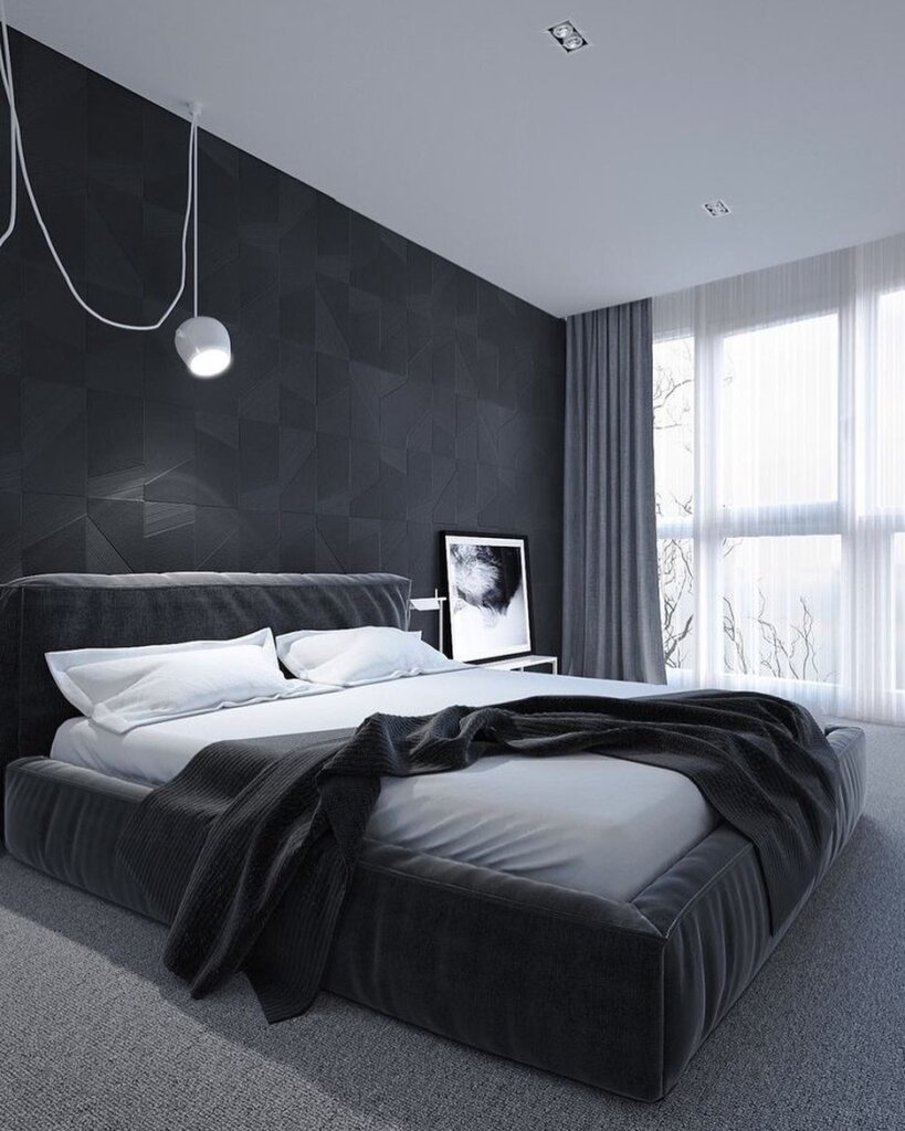 Спальня в минималистическом стиле с черной кроватью