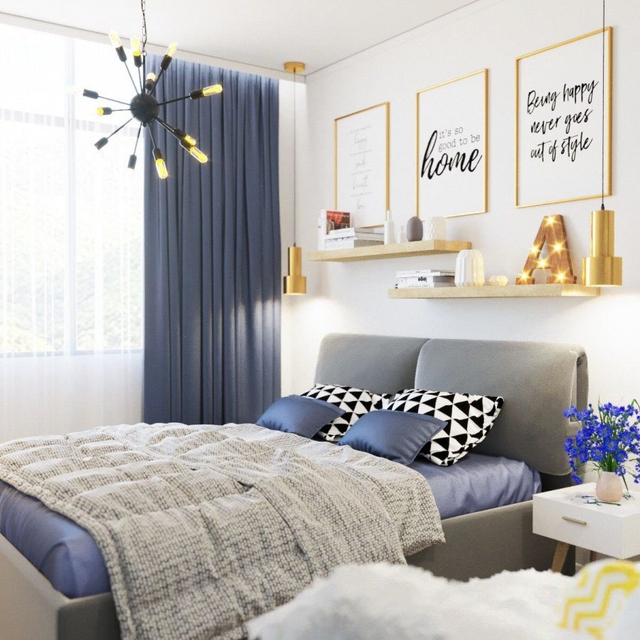 Спальня в скандинавском стиле синие акценты
