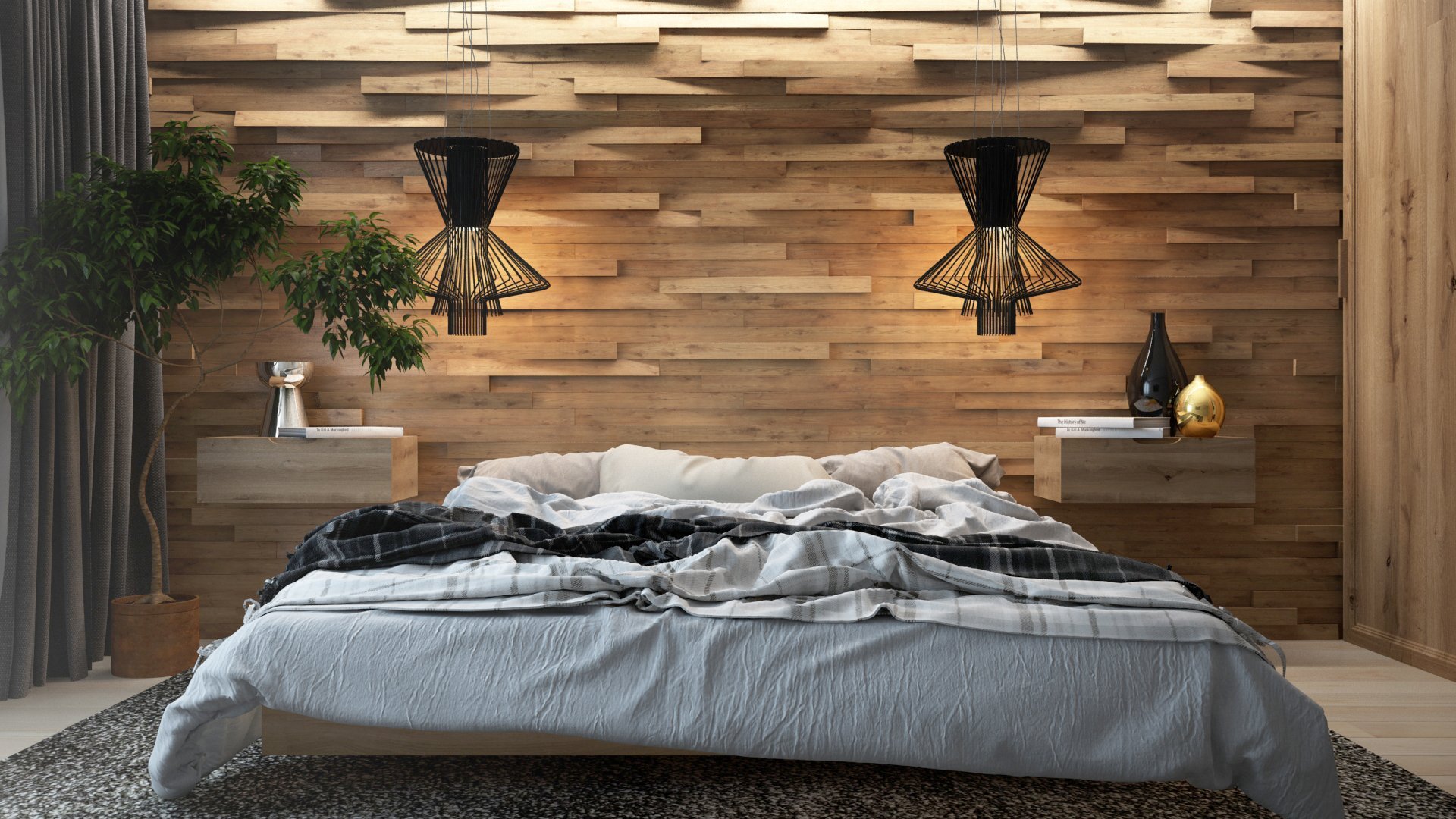 деревянная стена в спальне за кроватью