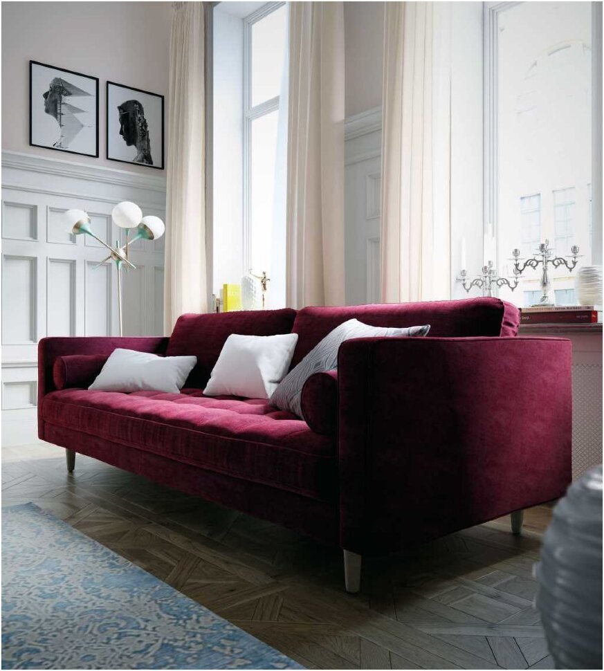 Бордовый диван в интерьере гостиной
