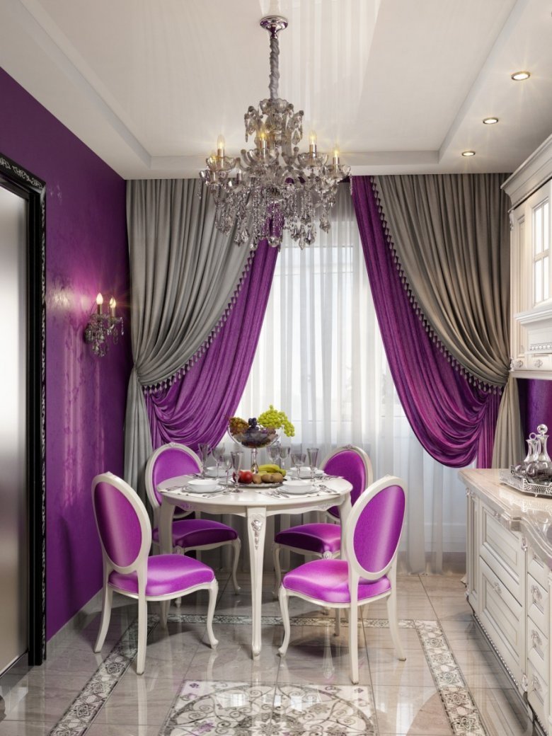 Дизайн кухни серый с фиолетовым