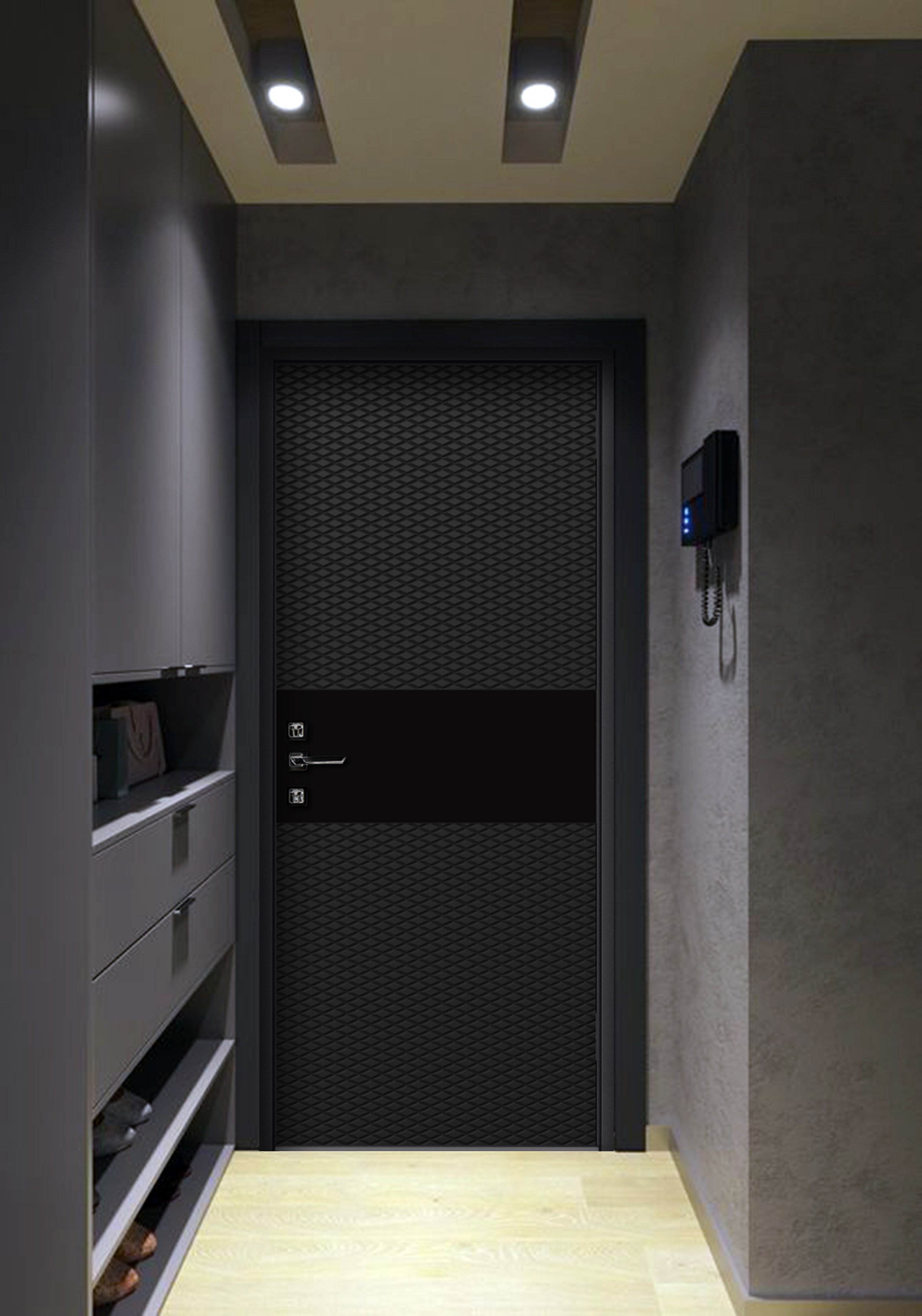 Черная дверь квартиры. Темный коридор в квартире. Прихожая в темных тонах. Коридор с дверями венге. Серый цвет стен в коридоре.