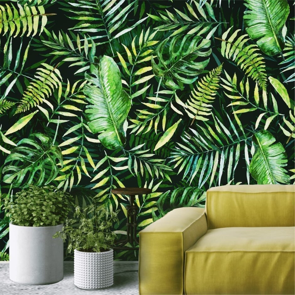 Тропические листья в интерьере на стене