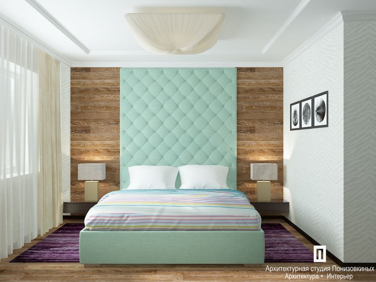 Спальня с кроватью мятного цвета