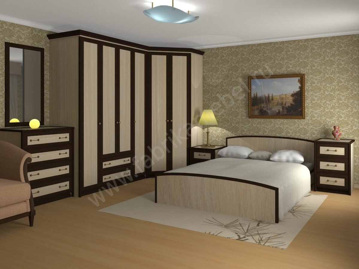 Комплект мебели для спальни с угловым шкафом , кроватью и комодом