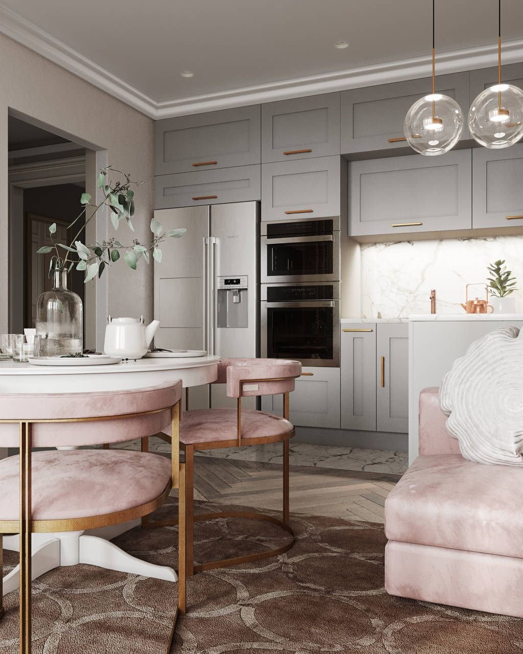 серо розовый интерьер гостиной кухни