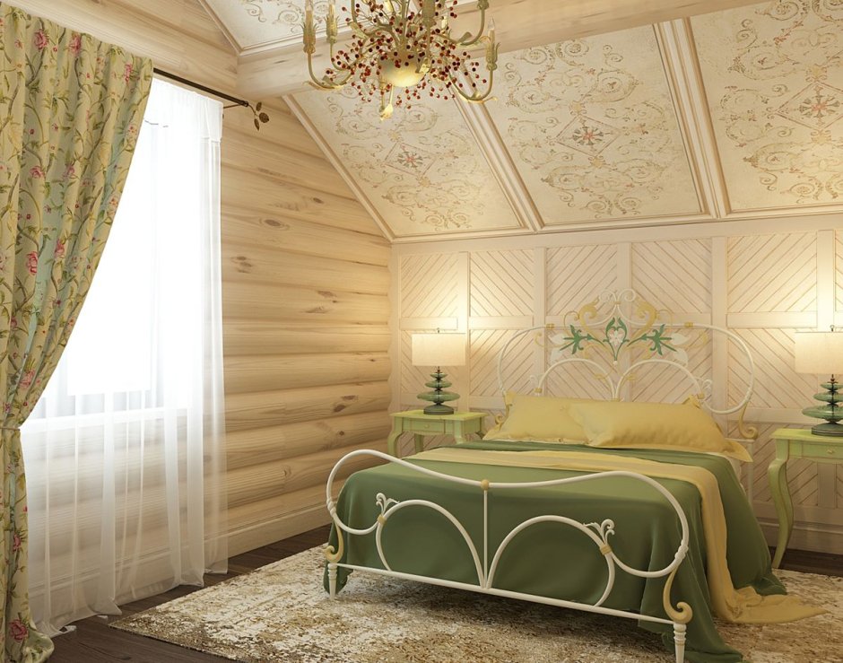 Фисташковая спальня в деревянном доме