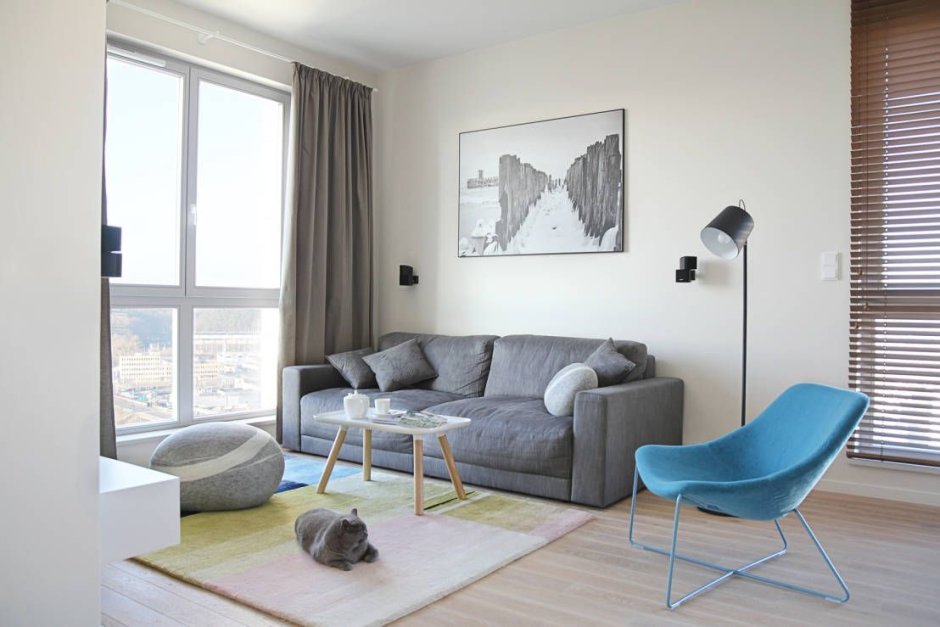Дизайн гостиной с серым диваном