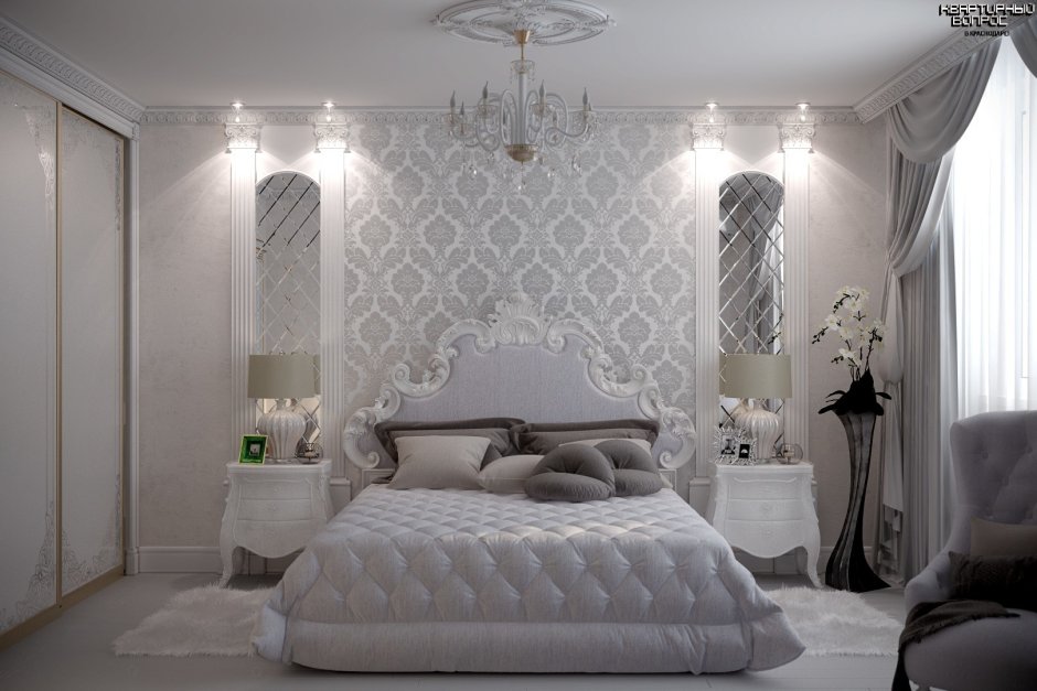Спальня в классическом стиле с зеркальным панно
