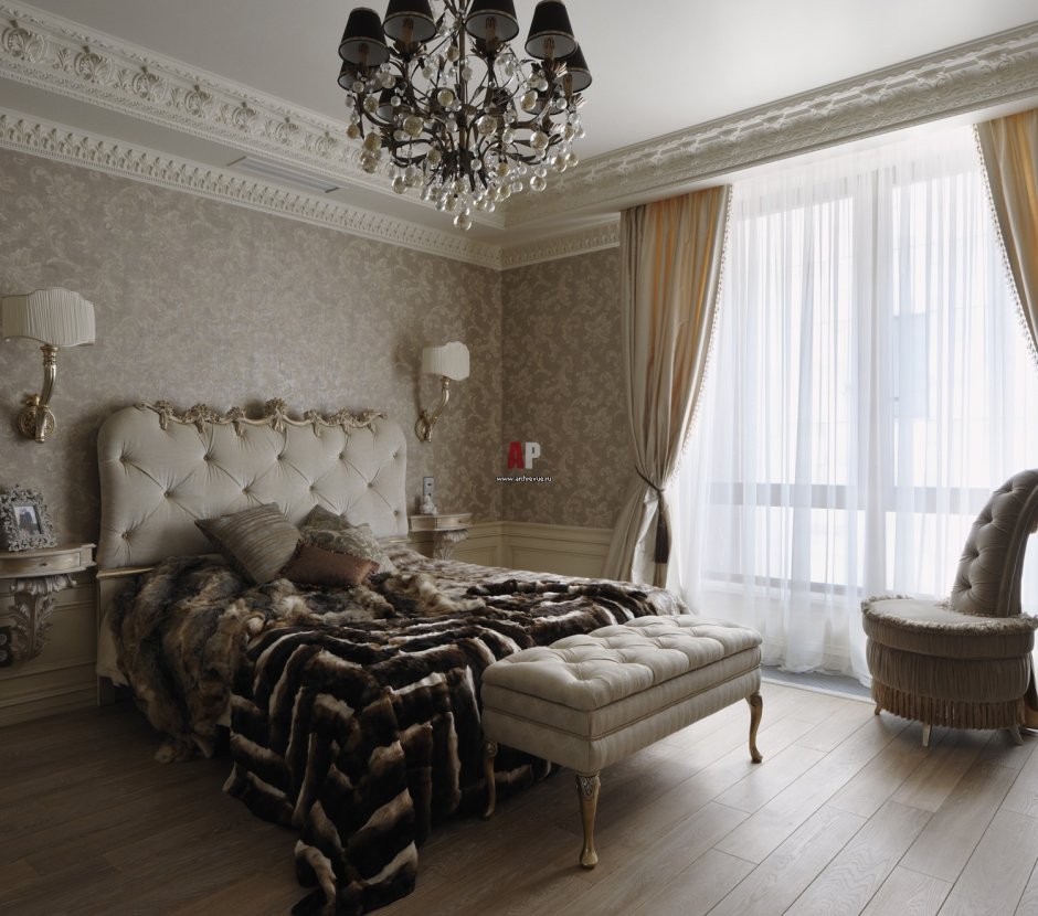 Спальня с лепниной в современном стиле