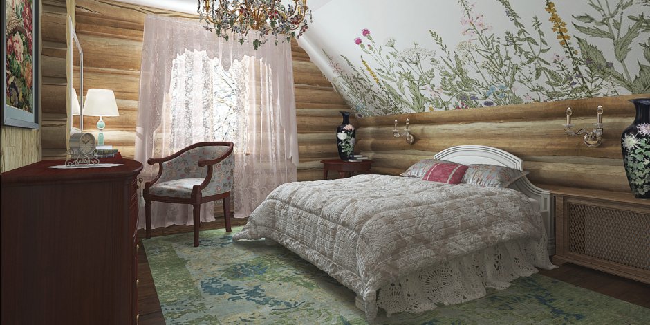 Спальня в доме из бревна мансарда