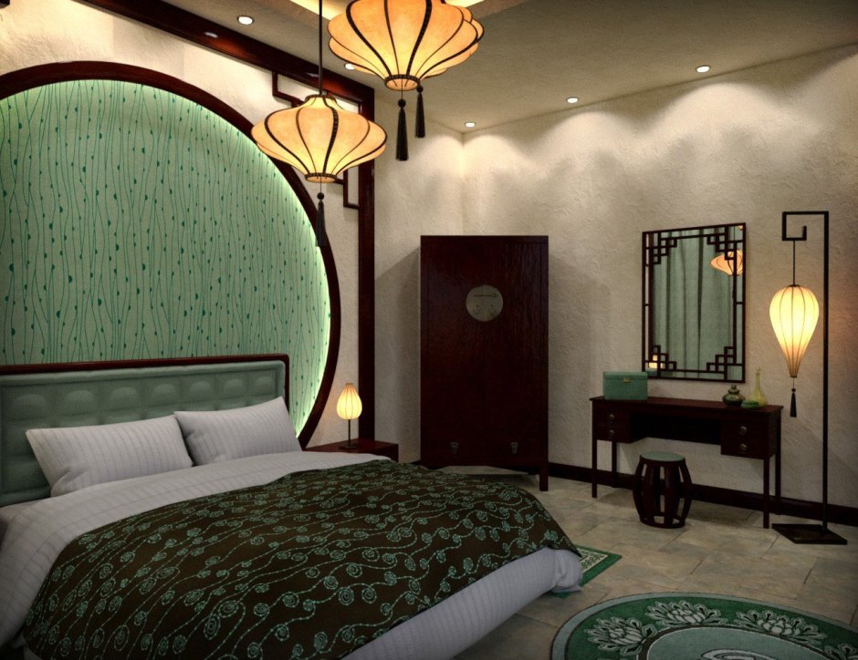 Зеленая спальня в китайском стиле интерьер