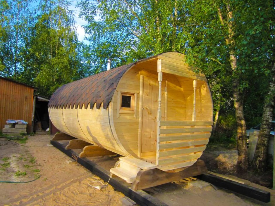Баня бочка с панорамным остеклением