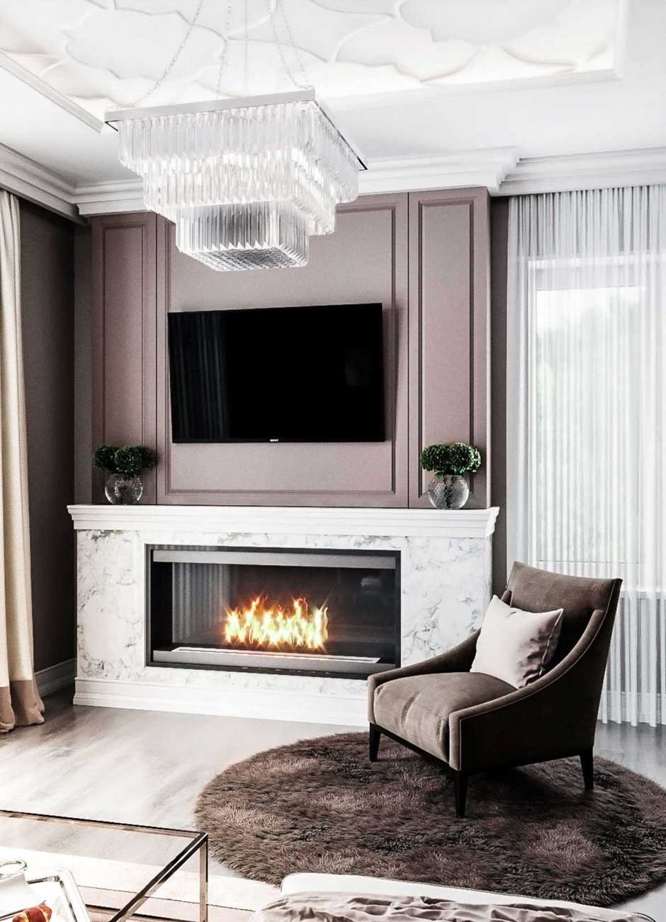 Гостиная мебель с камином и телевизором