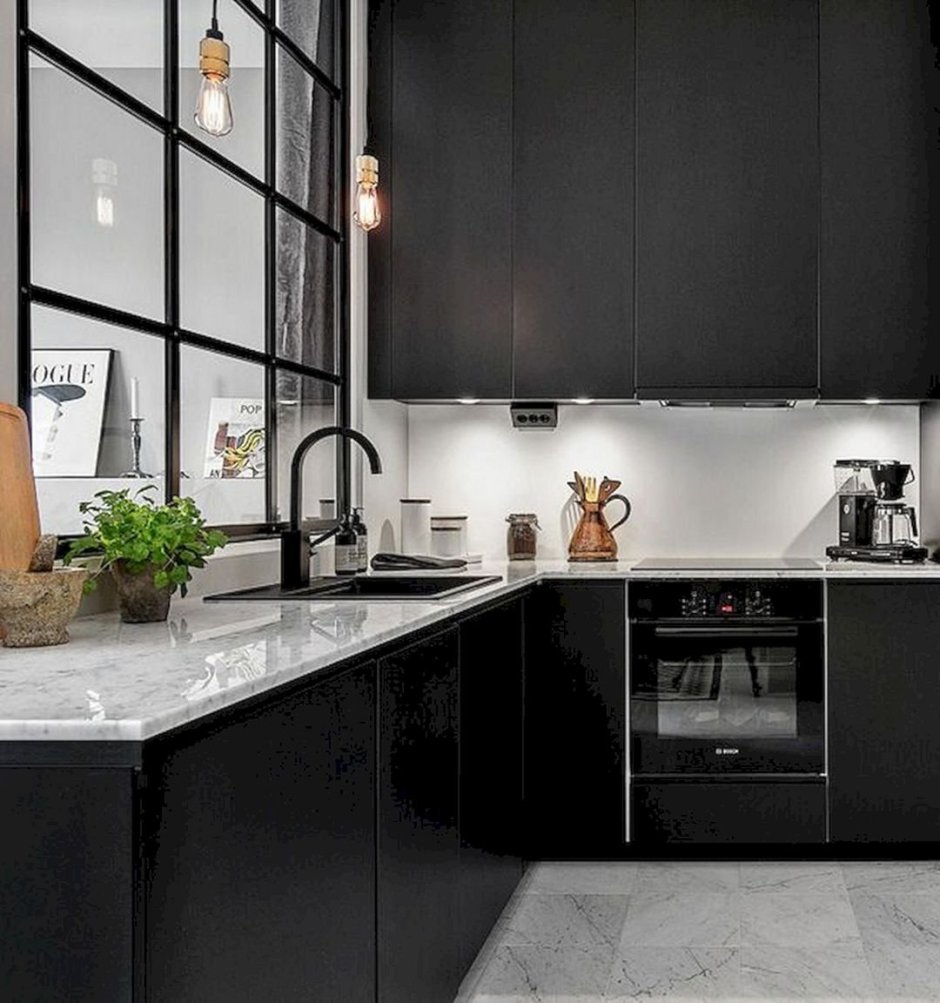Черно белая кухня дизайн интерьер
