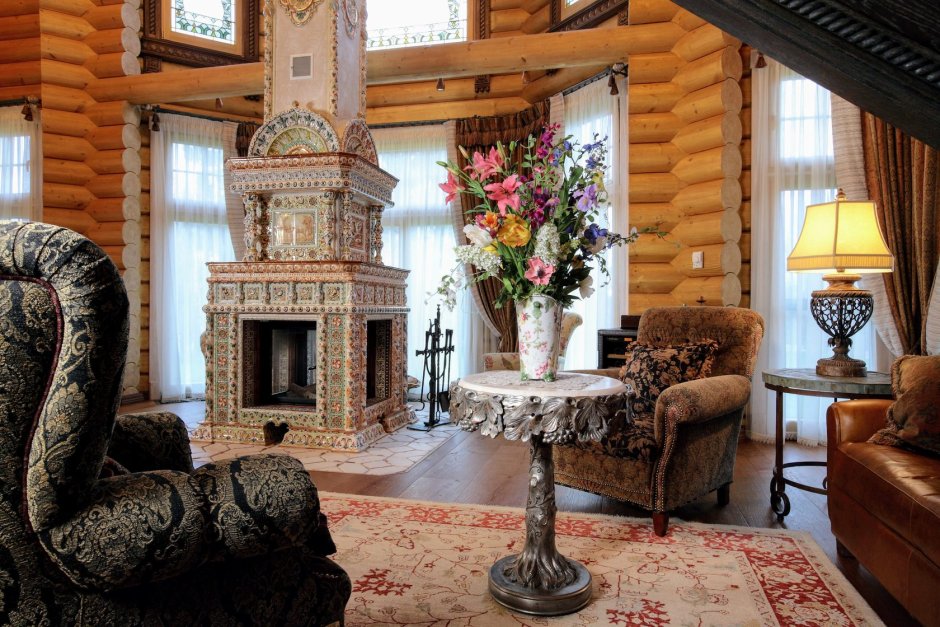 Интерьер в стиле русская усадьба в бревенчатом доме