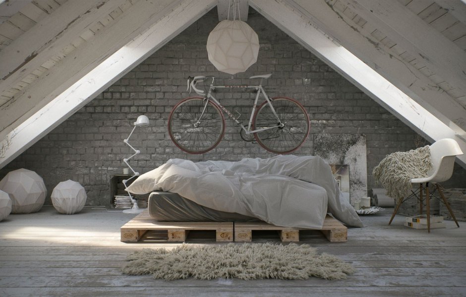 Комната на чердаке под крышей в стиле лофт
