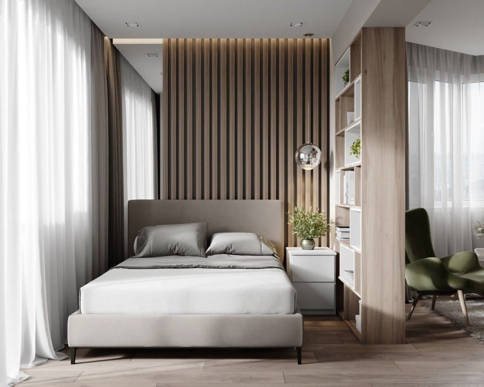 Спальня в современном стиле с рейками