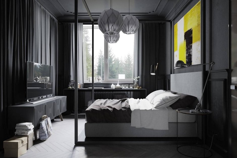 Спальня с серым полом