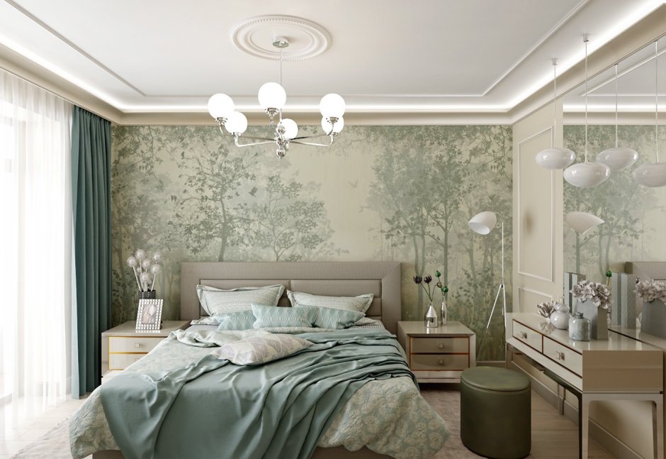 Спальня в неоклассическом стиле в зеленом