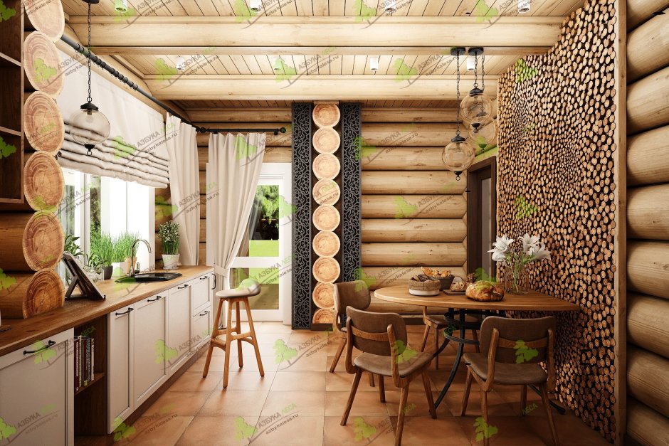 Кухня в эко стиле в маленьком деревянном доме