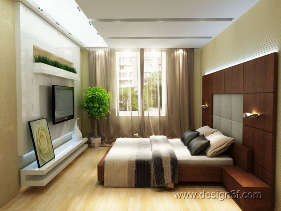 Планировка прямоугольной спальни с балконом