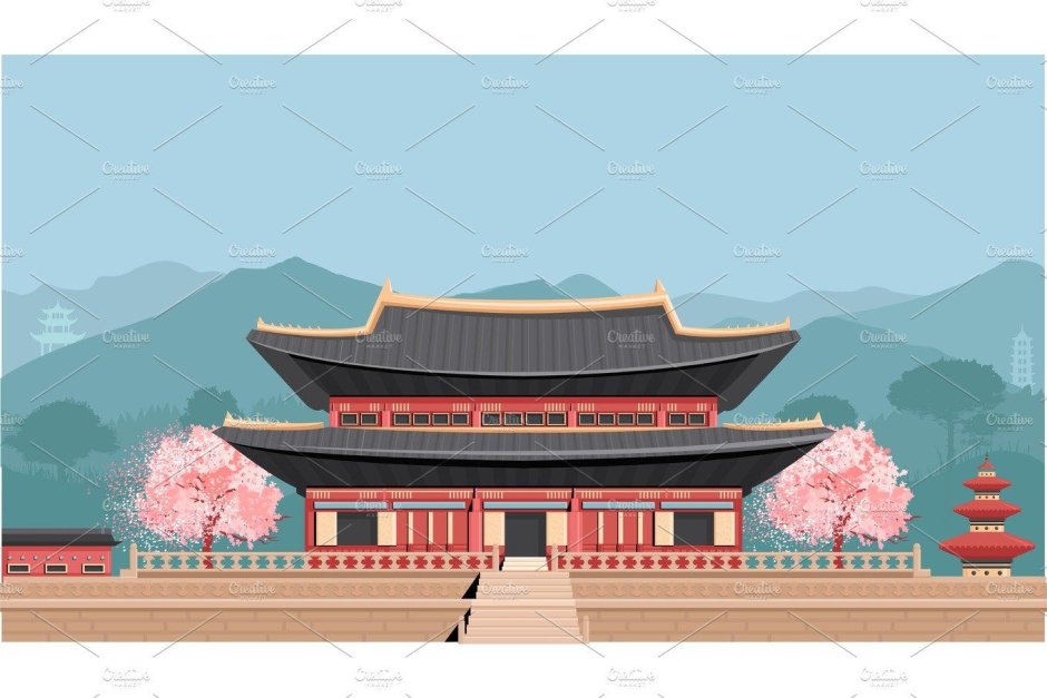 Корейский храм рисунок