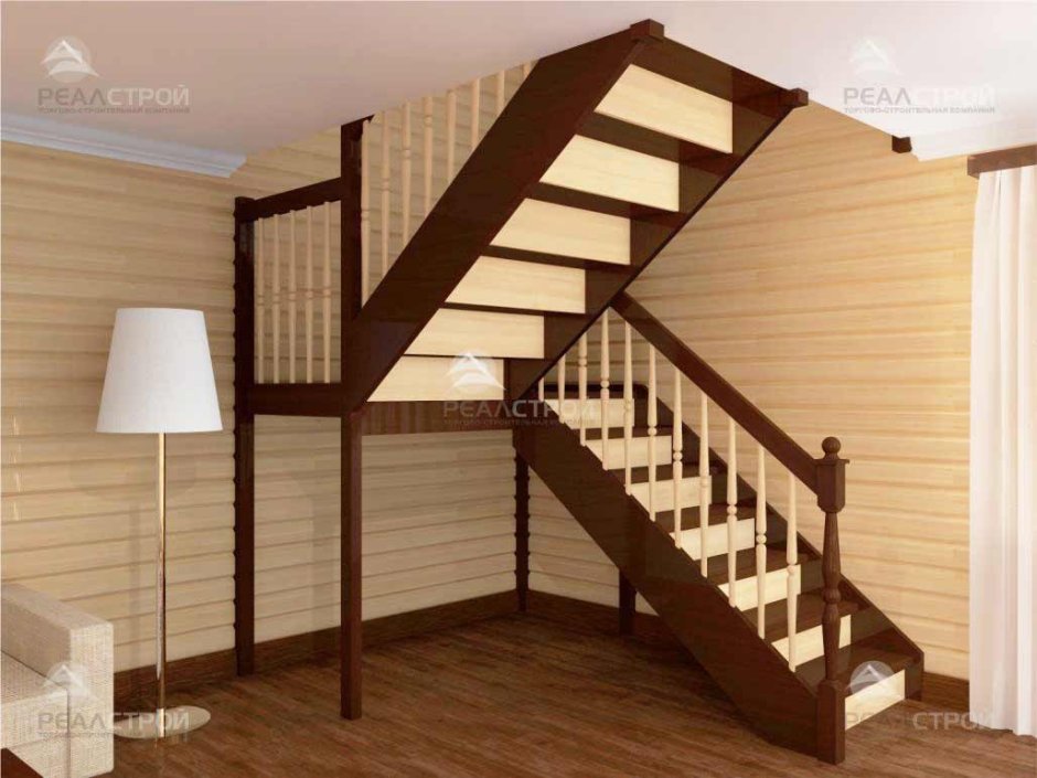 Лестница деревянная п-образная с площадкой