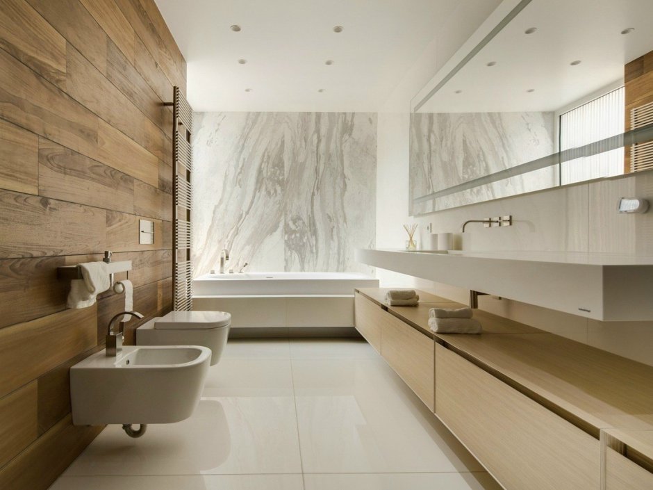 Дизайн ванной комнаты мрамор и дерево