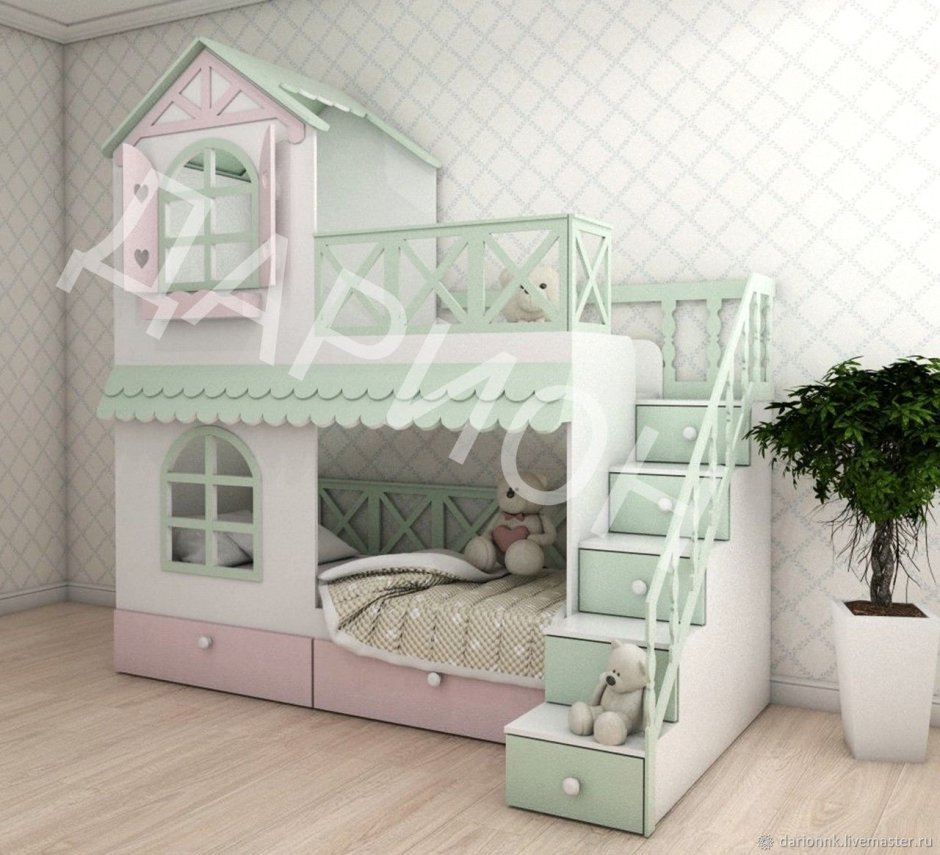 Кровать двухэтажная домик с лестницей