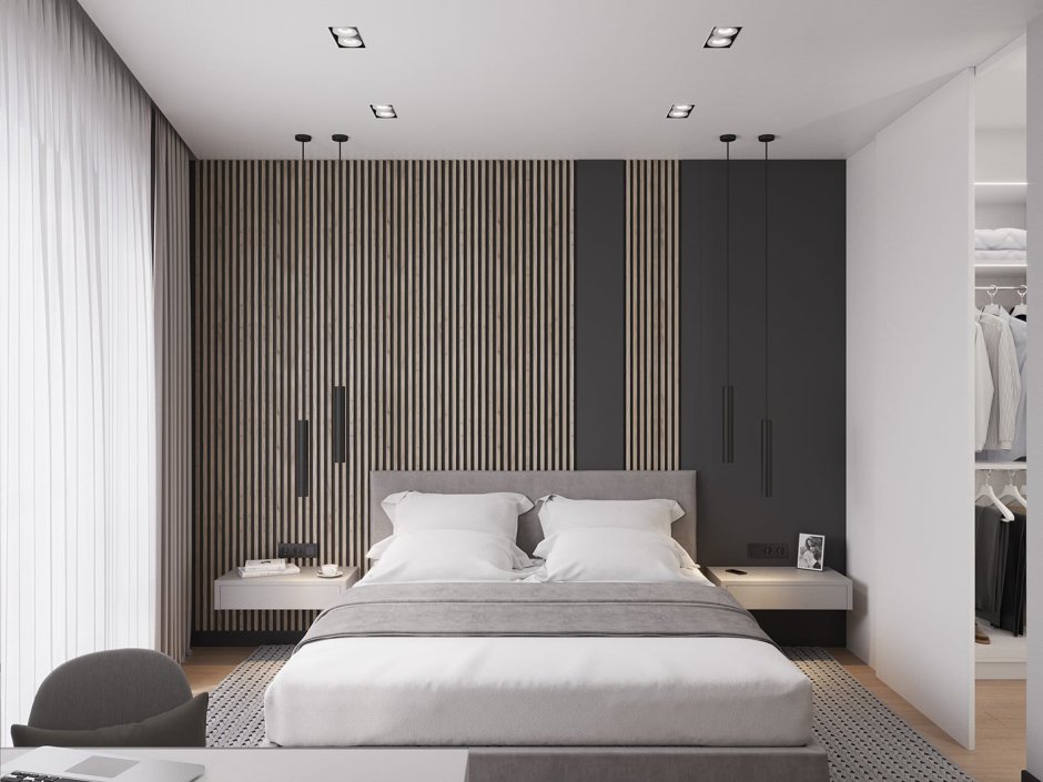 Деревянные рейки в интерьере на стене в спальне