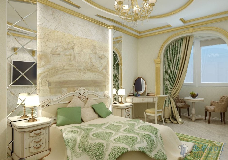 Дизайн спальни бело зеленый