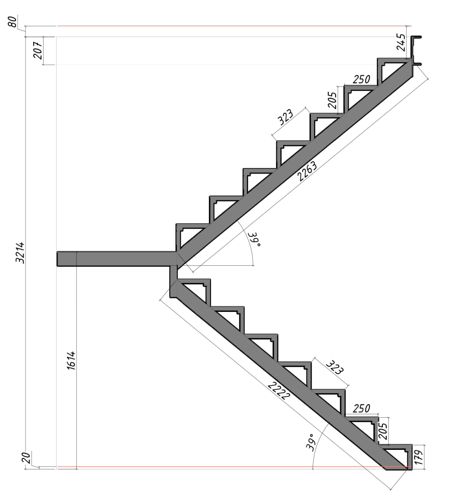 Чертёж лестницы с забежными ступенями из металла 180