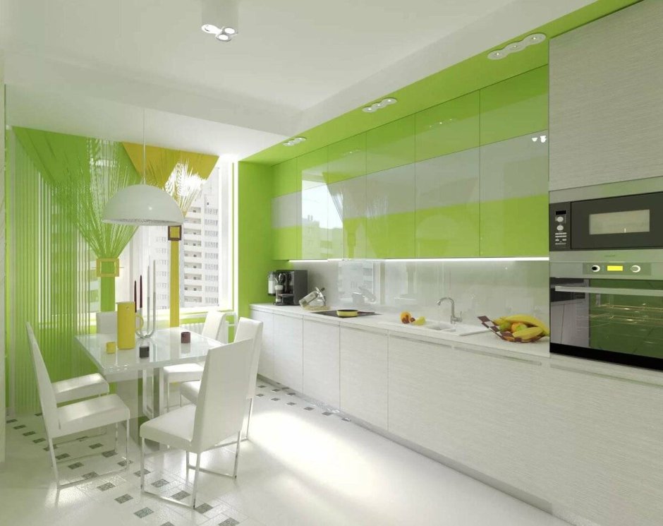 Зеленая кухня гостиная